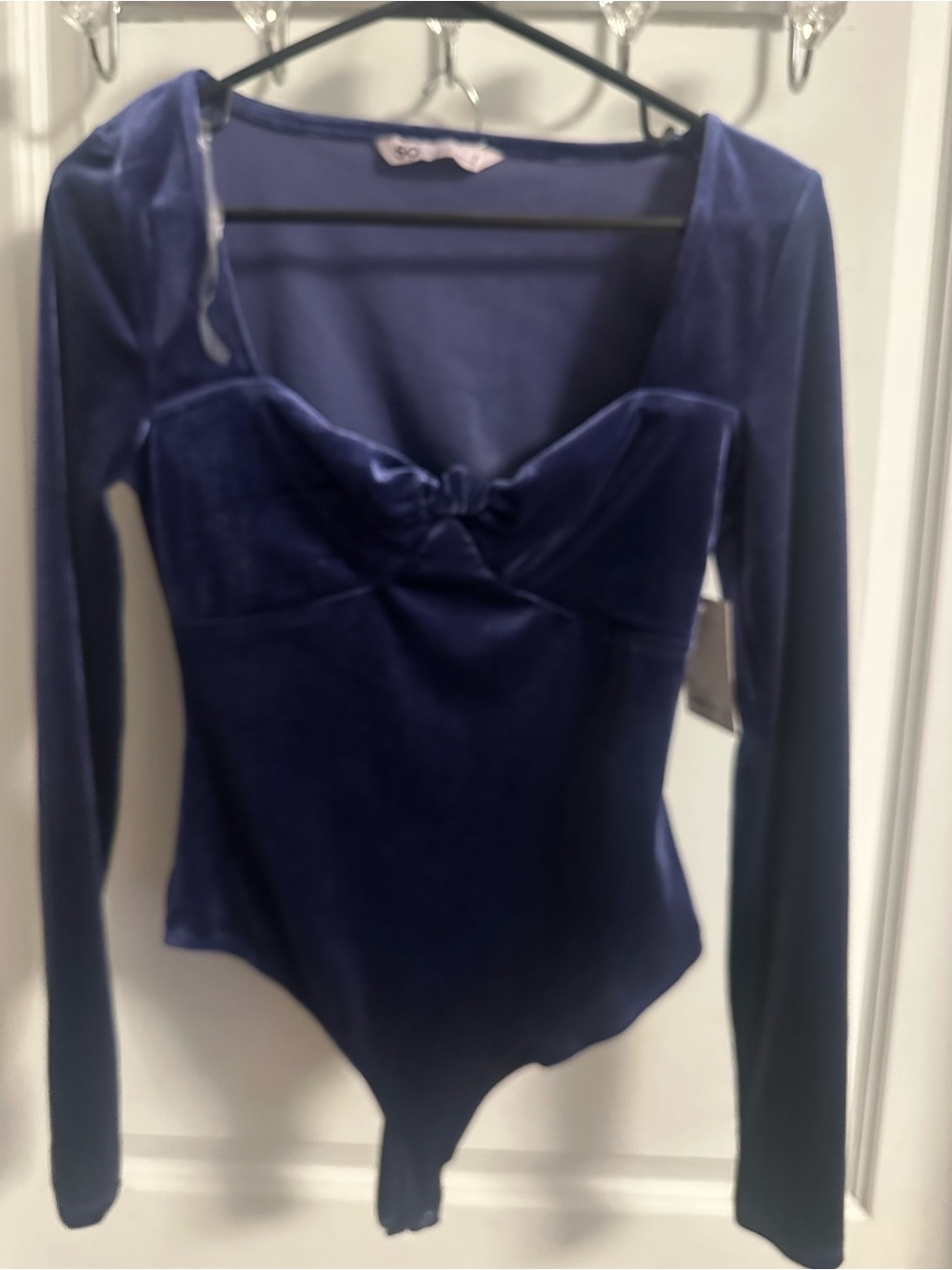 Kohl's Navy Velvet Long-Sleeve Knot Front Bodysuit